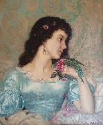 Weerts Jean Joseph, Beautiful pensive portrait of a young woman with a bird and flower